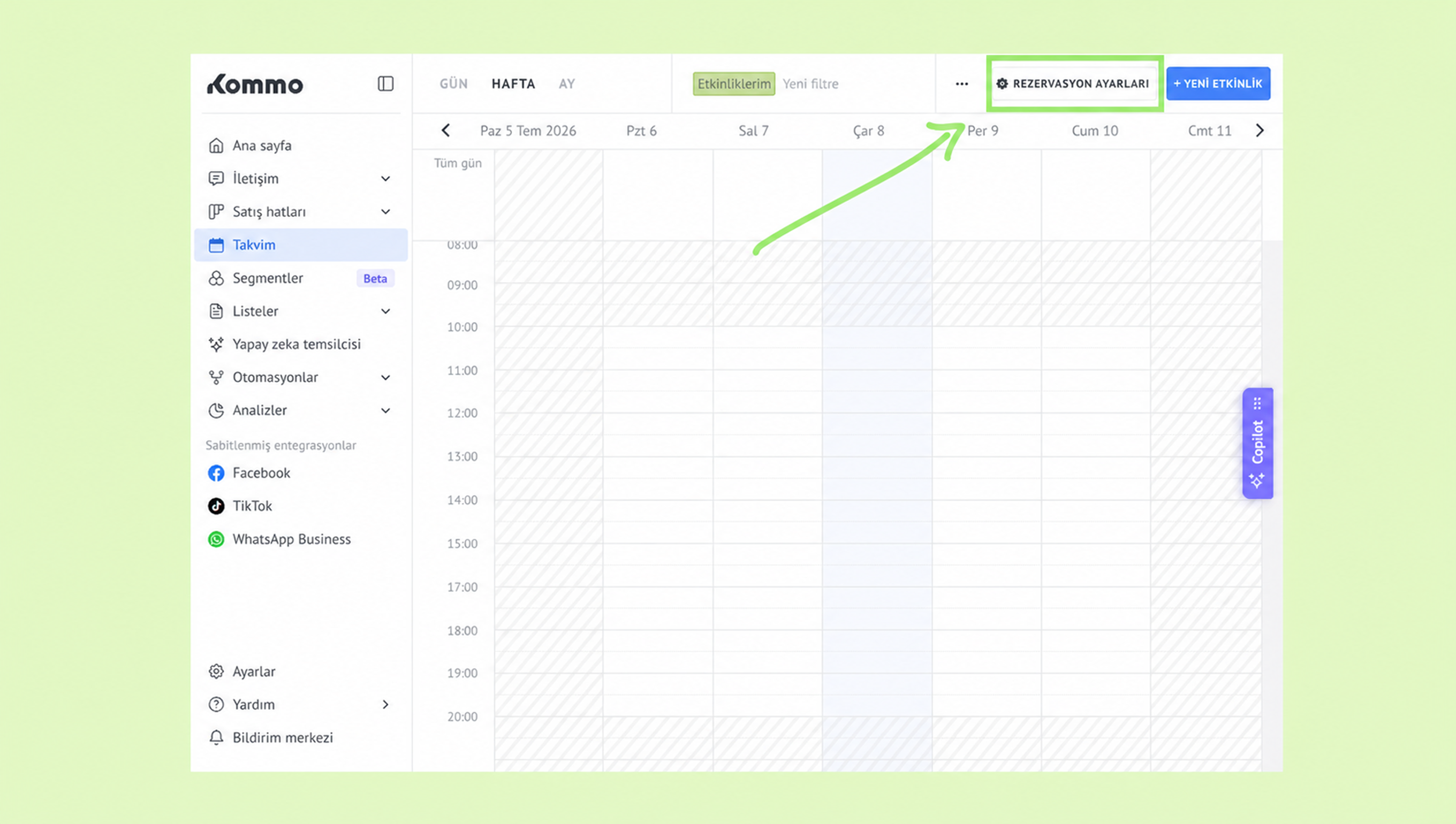 User interface of Kommo showing calendar and reservation settings options.